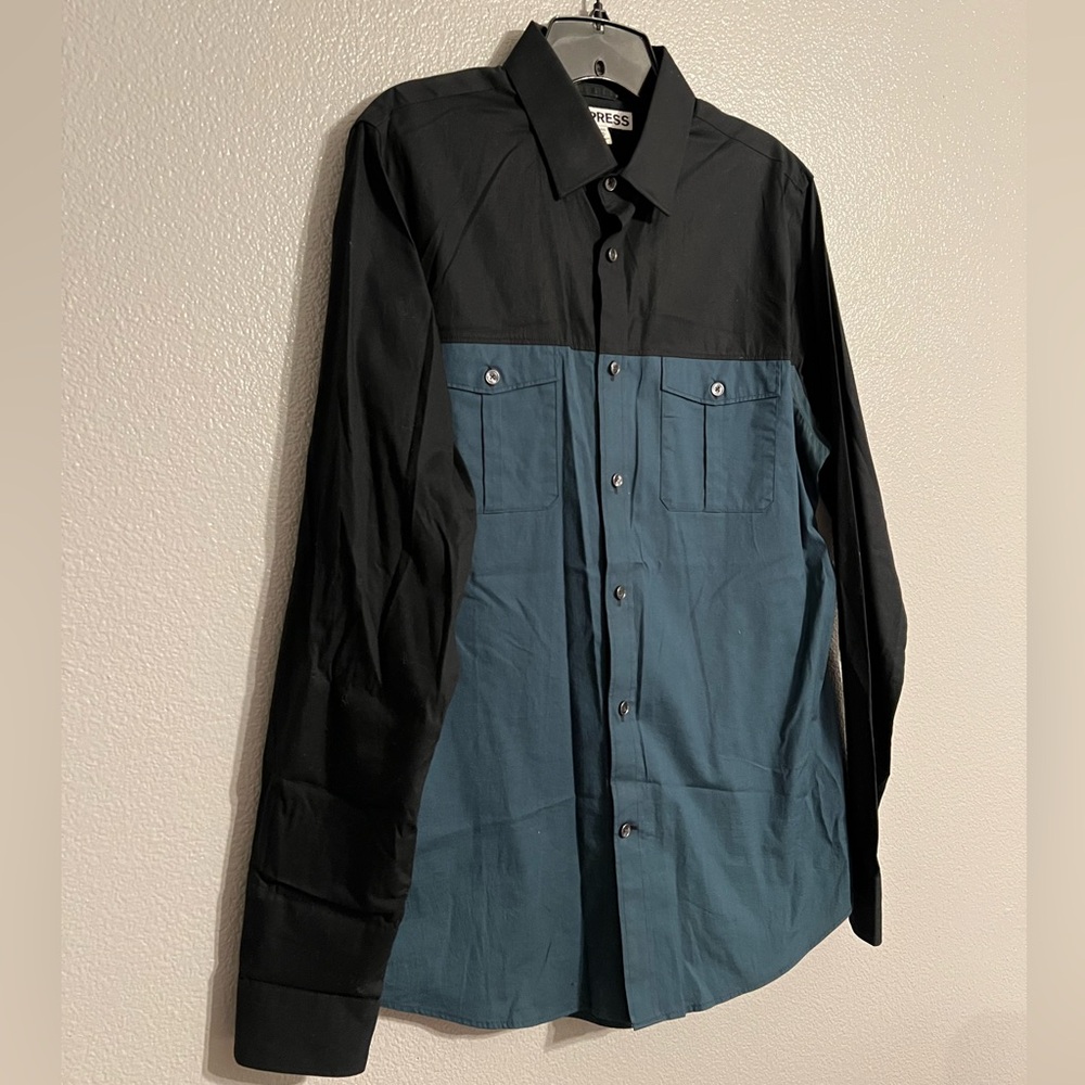 Express Black and Teal Men's Button Down Shirt